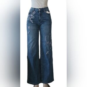 Floral Embroidered Wide Leg Jeans